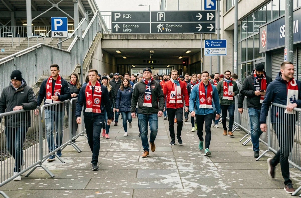 Foule de supporters quittant le parking P2 du Stade de France à pied vers la station RER après un match