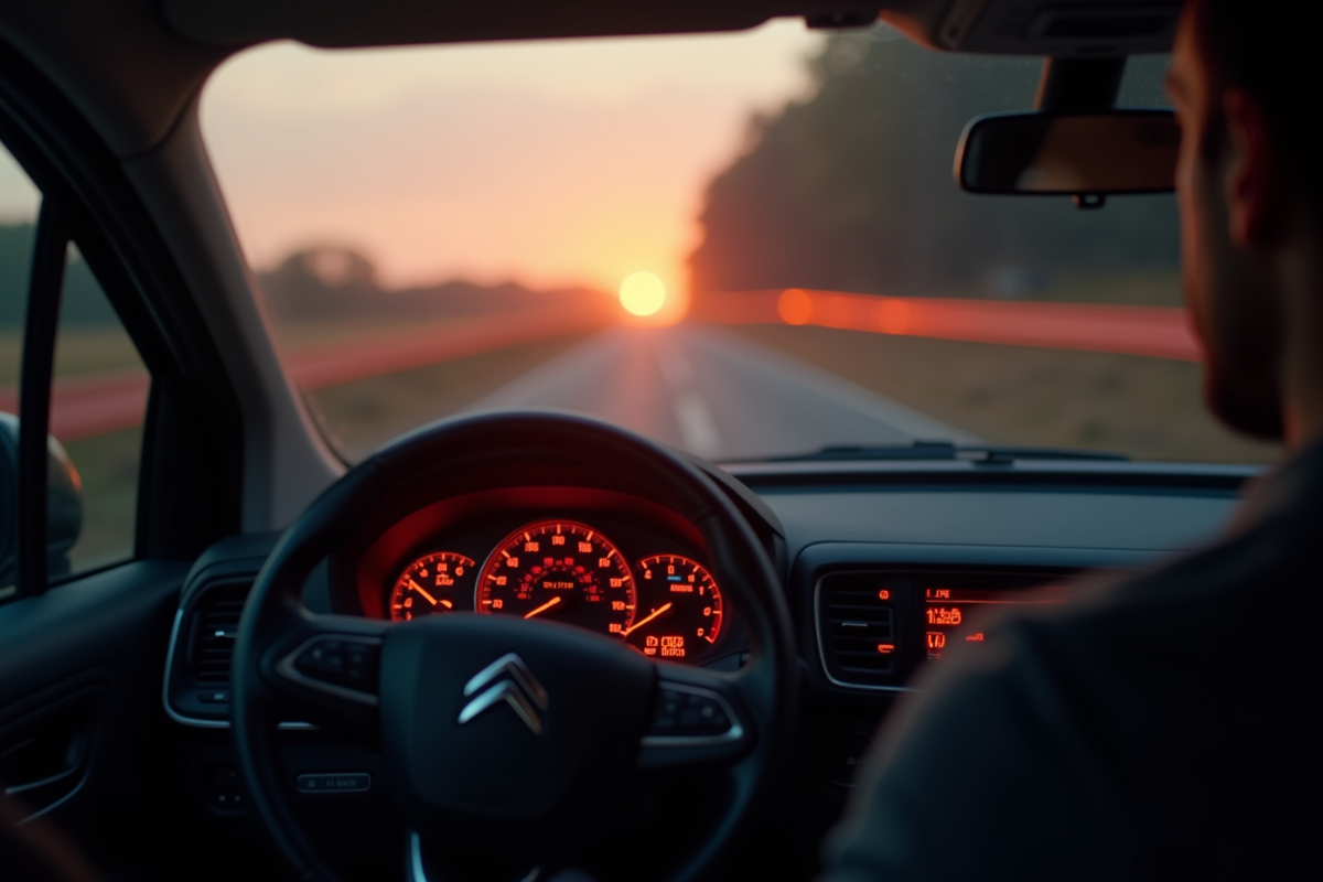 Tableau de bord Citroen avec voyant moteur allumé au lever du soleil