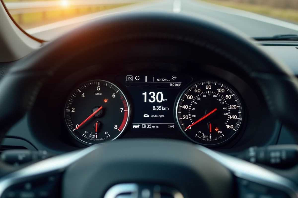 Tableau de bord voiture avec compte-tours et consommation en temps réel affichée à 130 km/h sur autoroute