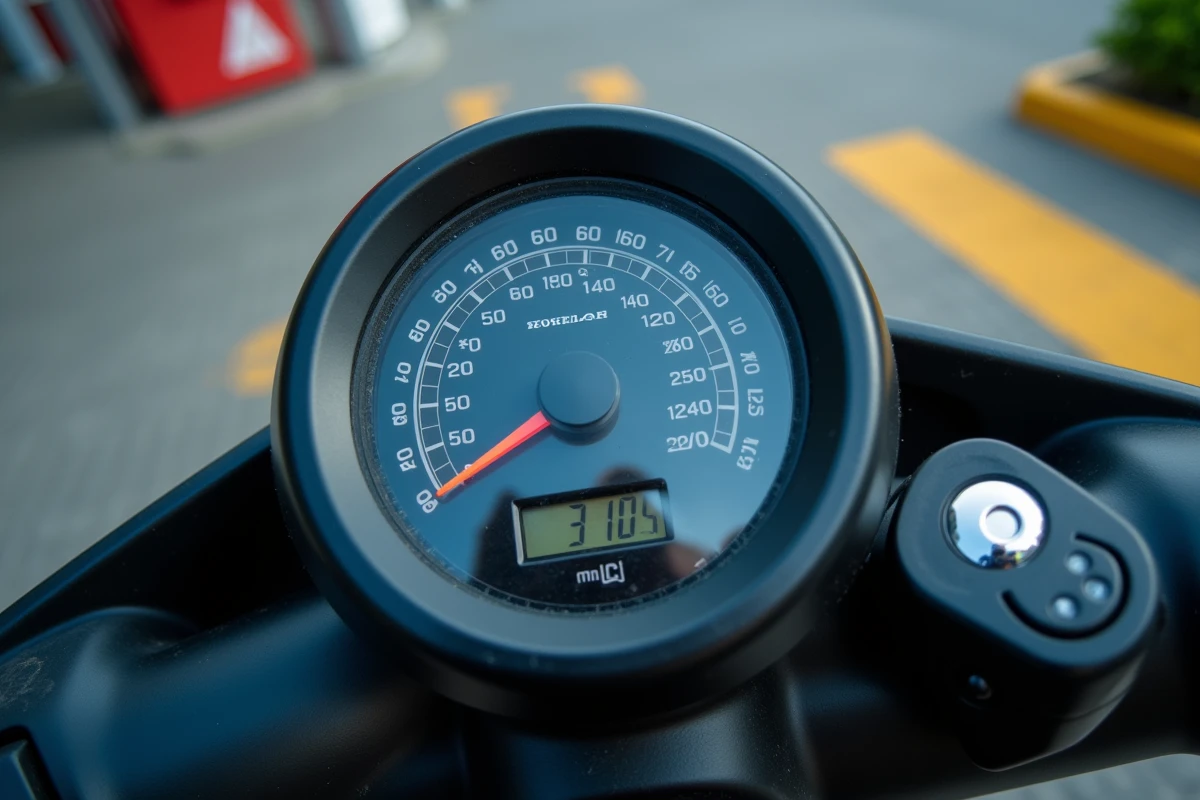 Gros plan sur le tableau de bord d'un scooter Honda 125, compteur kilométrique et jauge de carburant visibles, station-service floue en arrière-plan