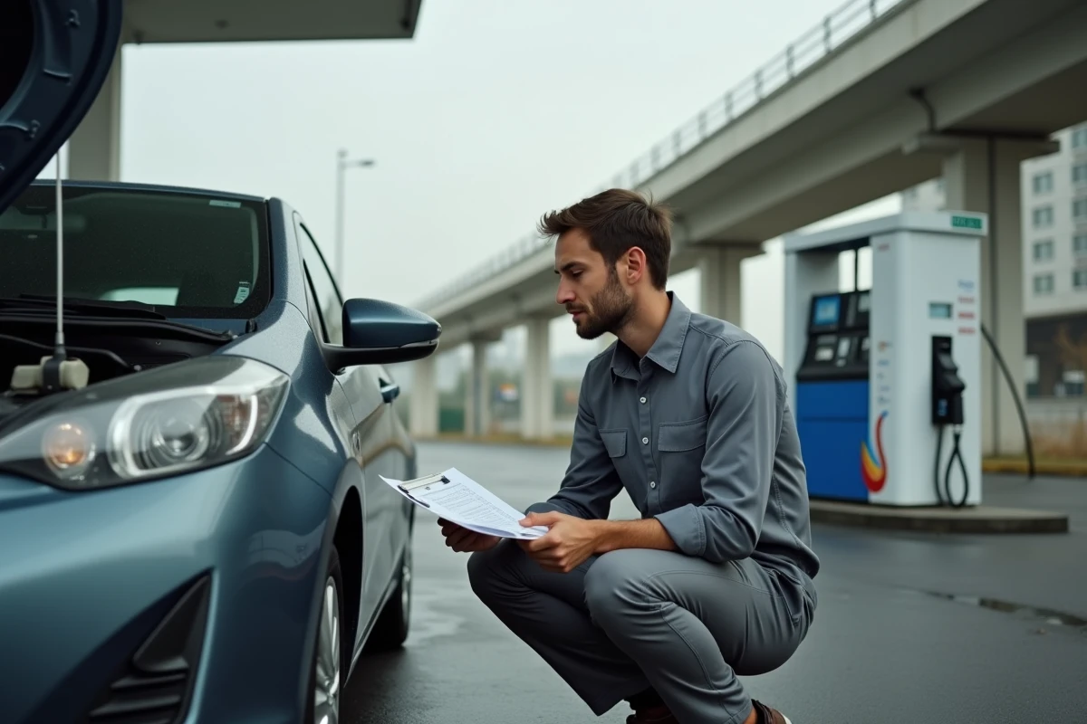 Technicien automobile analysant la consommation réelle d'une voiture compacte arrêtée à une station-service près d'une autoroute