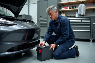 Technicien en overalls examine une batterie électrique de voiture