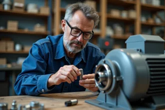 Technicien en overalls examine un capacitor moteur industriel