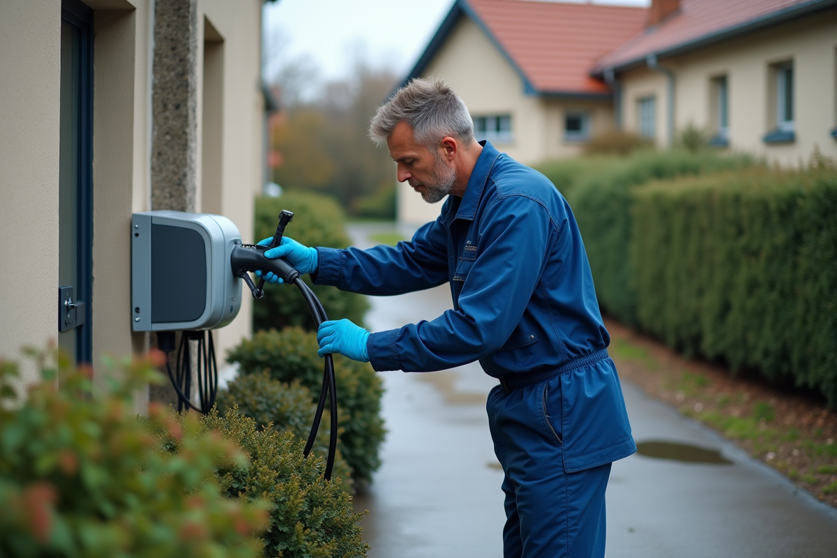 Technicien en uniforme installant une borne de recharge électrique devant une maison