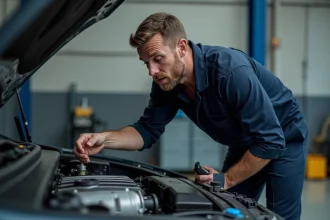 Technicien automobile inspectant une vanne EGR défectueuse dans un garage professionnel avec outil de diagnostic