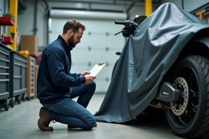 Technicien homme vérifiant une checklist près d'une moto en atelier
