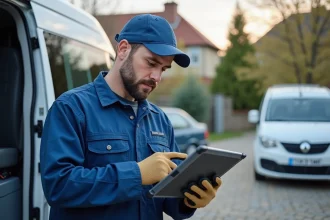 Technicien homme en uniforme vérifiant une tablette à côté d'une voiture