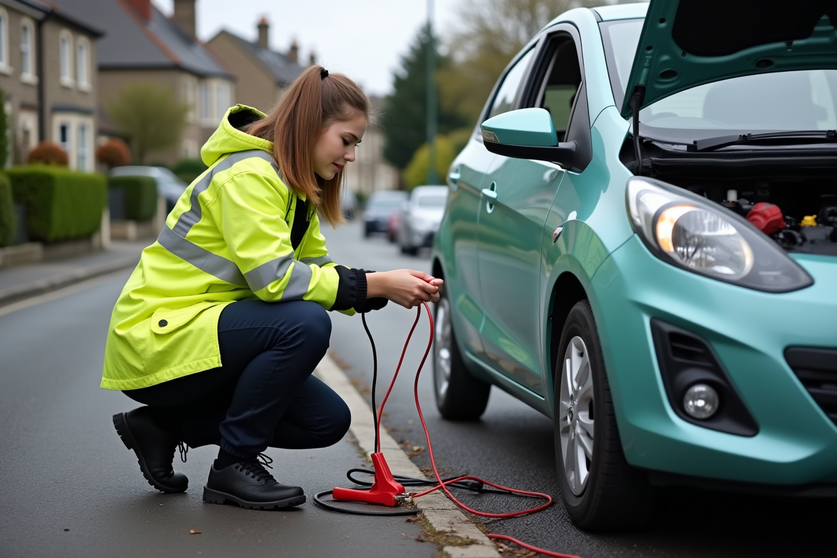 Jeune femme technicien vérifiant la batterie d