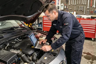 Technicien automobile connectant un outil de reprogrammation moteur sur une berline européenne dans un atelier professionnel