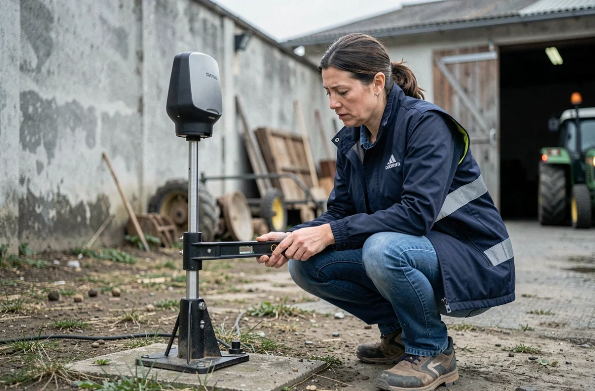 Technicienne agricole vérifiant le positionnement d'une antenne GPS sur un tracteur dans une cour de ferme