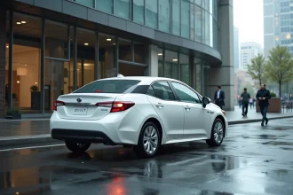Toyota Corolla hybride blanche garée en ville, vue avant trois quarts sur route mouillée