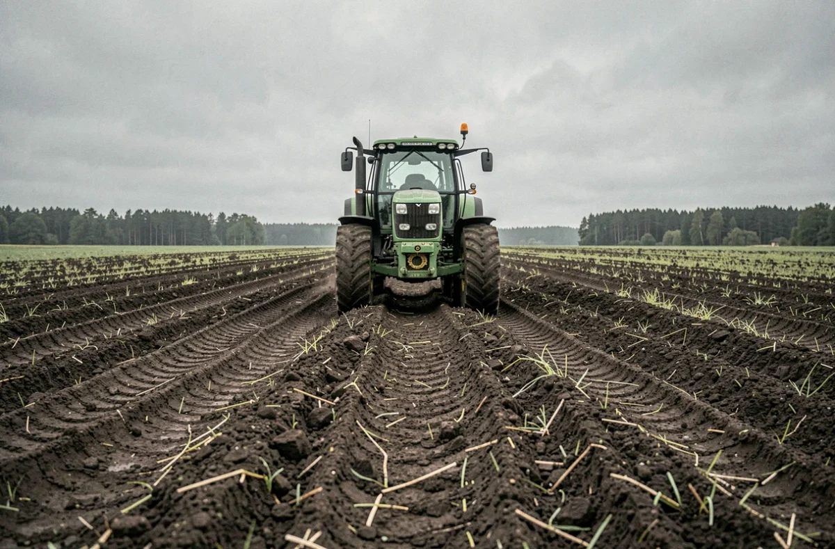 Tracteur agricole traversant un champ avec des sillons mal alignés révélant des erreurs de calibration de la barre de guidage