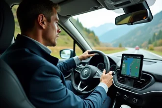 Homme en voiture sur la route de Thonon consultant un GPS pour un trajet domicile-travail vers la frontière suisse