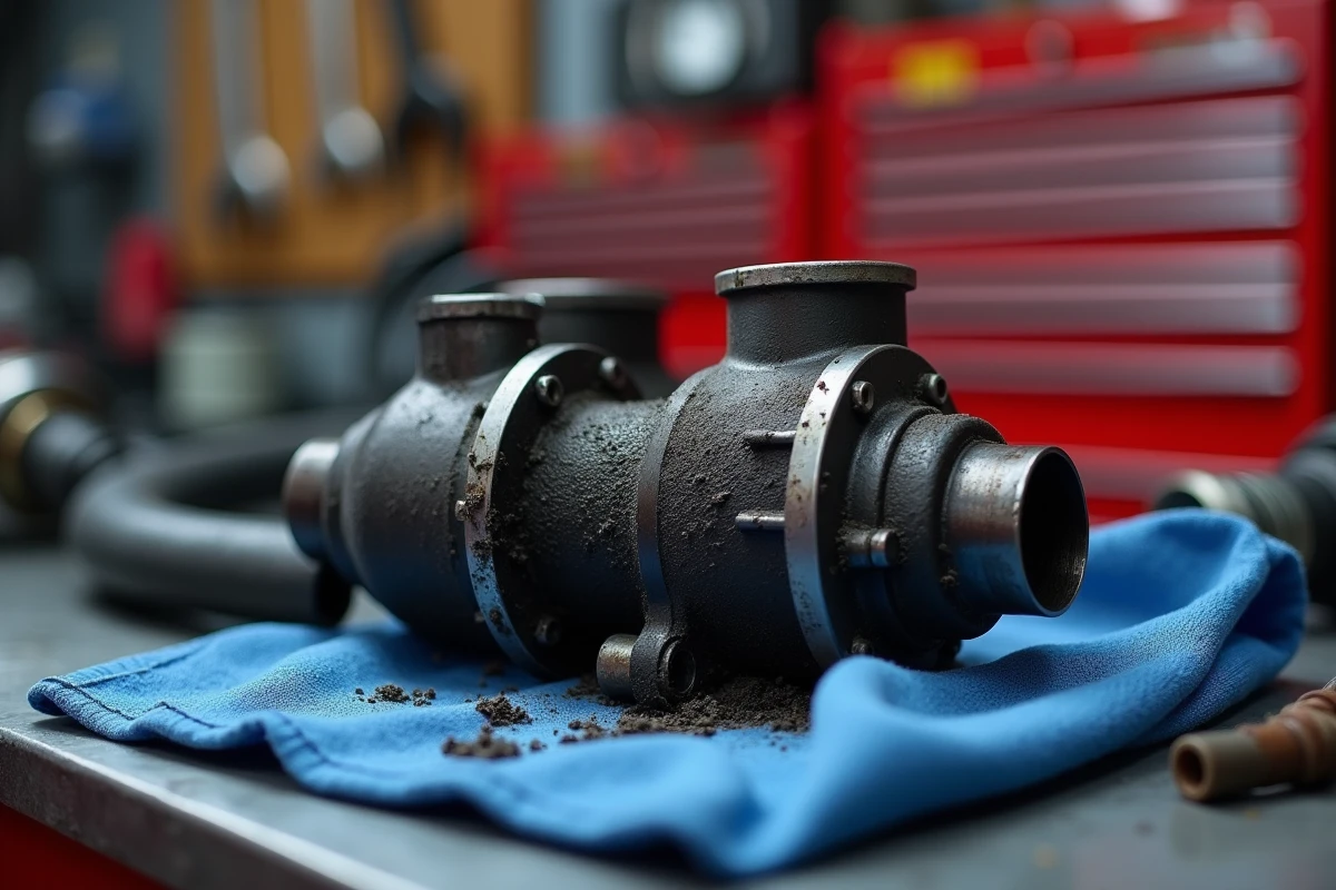 Vanne EGR encrassée avec dépôts de carbone retirée d'un moteur diesel sur établi de garage
