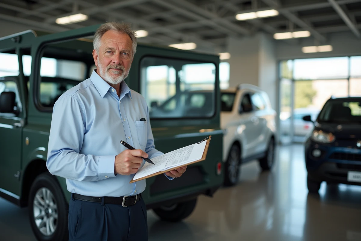 Vendeur automobile présentant la fiche tarifaire du Lada Niva 4x4 dans un showroom avec tableau de prix et options