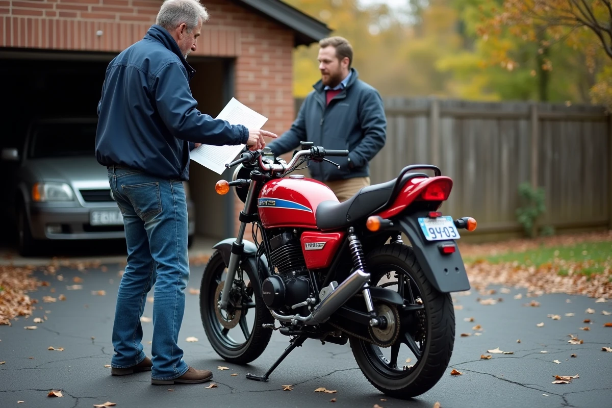 Vendeur et acheteur discutant d'une annonce de Yamaha TZR 125 lors d'une vente entre particuliers dans une allée résidentielle