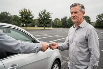 Un homme vendant sa voiture à un acheteur dans un parking, échange de clés lors d'une transaction automobile