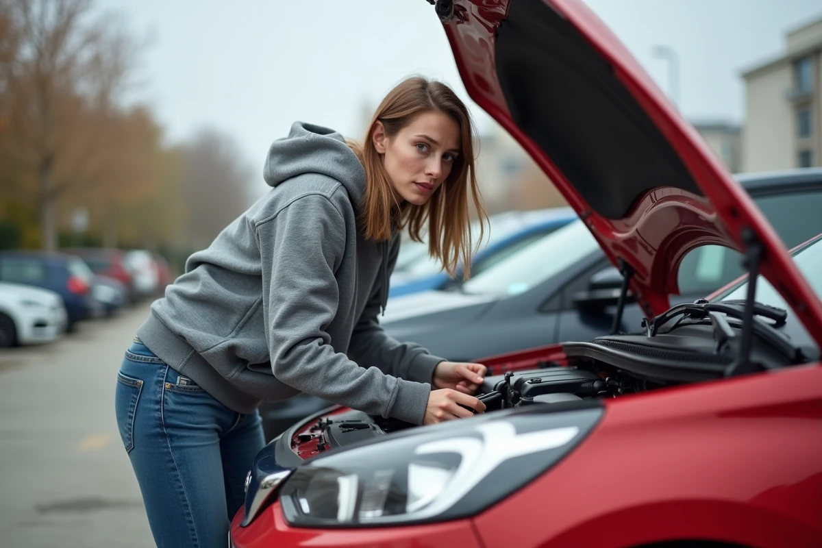 Jeune femme vérifiant le niveau d'huile moteur avec une jauge sur une Peugeot 208 rouge dans un parking urbain