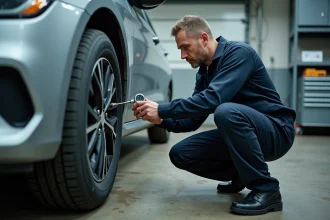 Technicien automobile vérifiant la pression des pneus avec un manomètre numérique dans un garage professionnel
