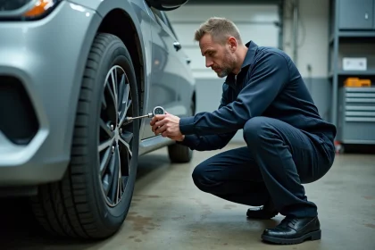Technicien automobile vérifiant la pression des pneus avec un manomètre numérique dans un garage professionnel