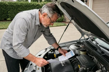 Homme examinant le numéro VIN sur le bloc moteur d'une voiture lors d'une vérification de carte grise