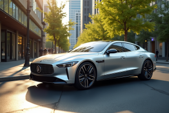 Voiture de luxe argentée sur une avenue urbaine ensoleillée