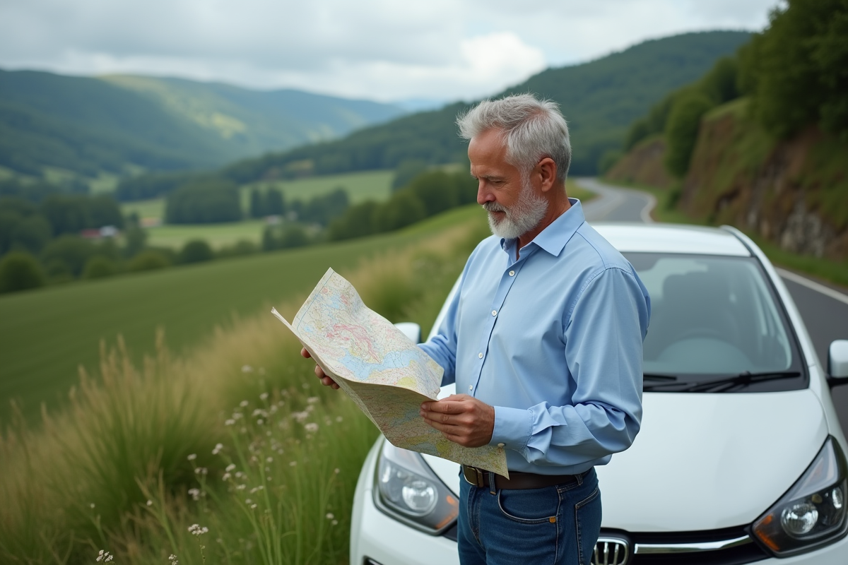 Homme en voyage avec voiture et carte routière