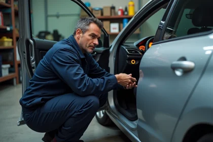 Mécanicien inspectant un voyant orange allumé sur le tableau de bord d'une Peugeot 308 dans un garage